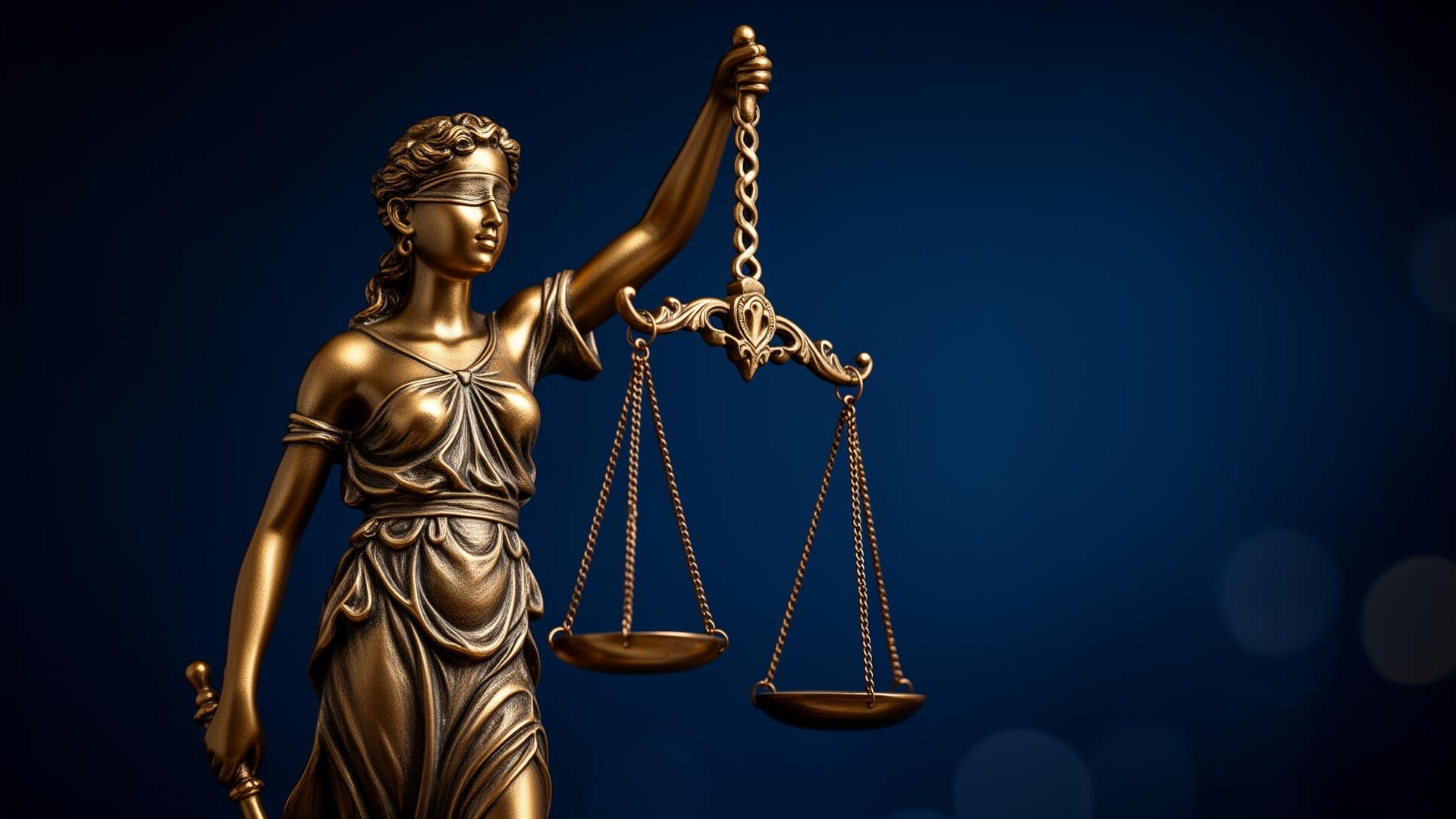 Estátua dourada da Justiça segurando a balança